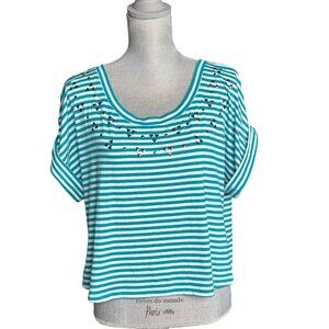 Material Girl Midriff Top - Size M - Blue & White Striped Blouse - Scoop Neck